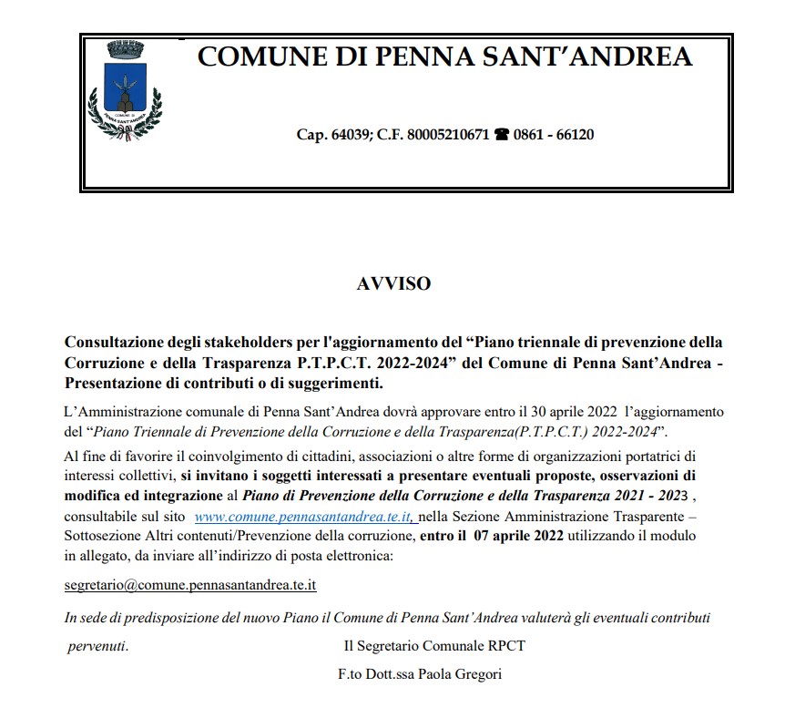 Consultazione degli stakeholders per l'aggiornamento del Piano triennale di prevenzione della Corruzione e della Trasparenza P.T.P.C.T. 2022-2024 del Comune di Penna SantAndrea - Presentazione di contributi o di suggerimenti.